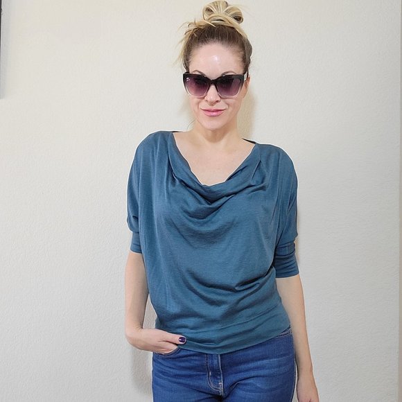 Eileen Fisher Tops - Eileen Fisher Silk Blue Top Cowl Neck 3/4 Sleeve Cotton Women's Teal Blouse XS